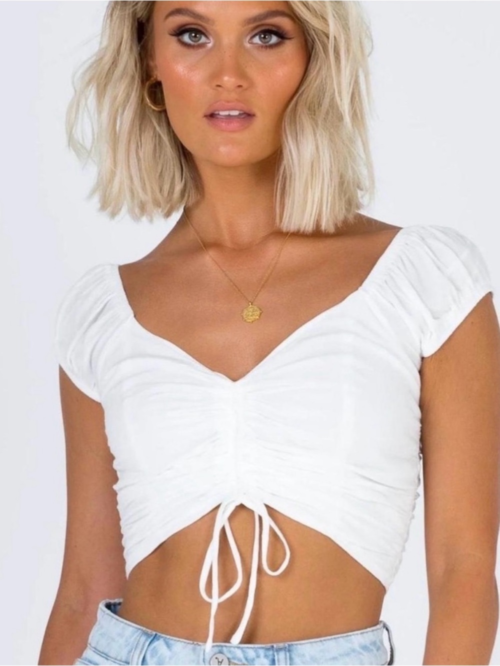 Princess Polly White Ruched Drawstring Crop Top with Cap Sleeves - Picture 5 of 7
